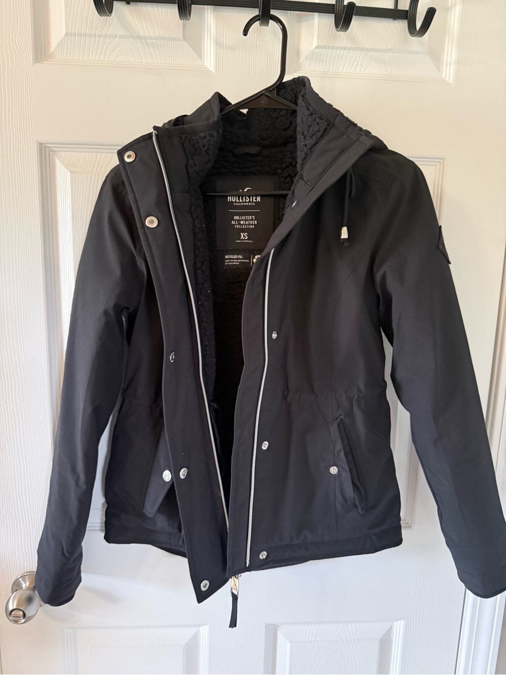 Hollister Black Hooded Raincoat with Sherpa Lining